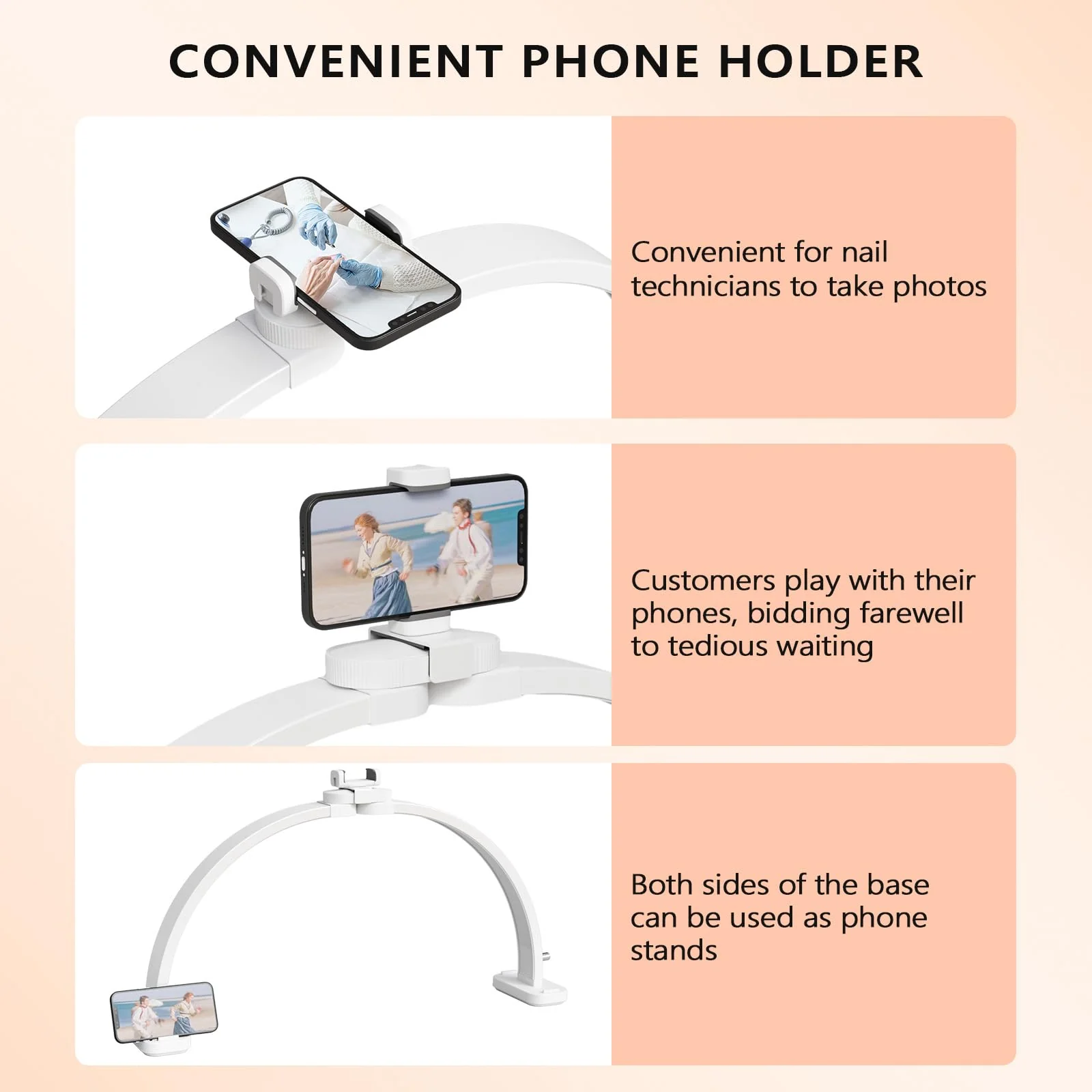 OmySalon 29" Foldable Shadowless Half Moon LED Nail Lamp with 3000-6500K Adjustable Color Temperature, Stepless Dimming & Phone Holder - Image 16