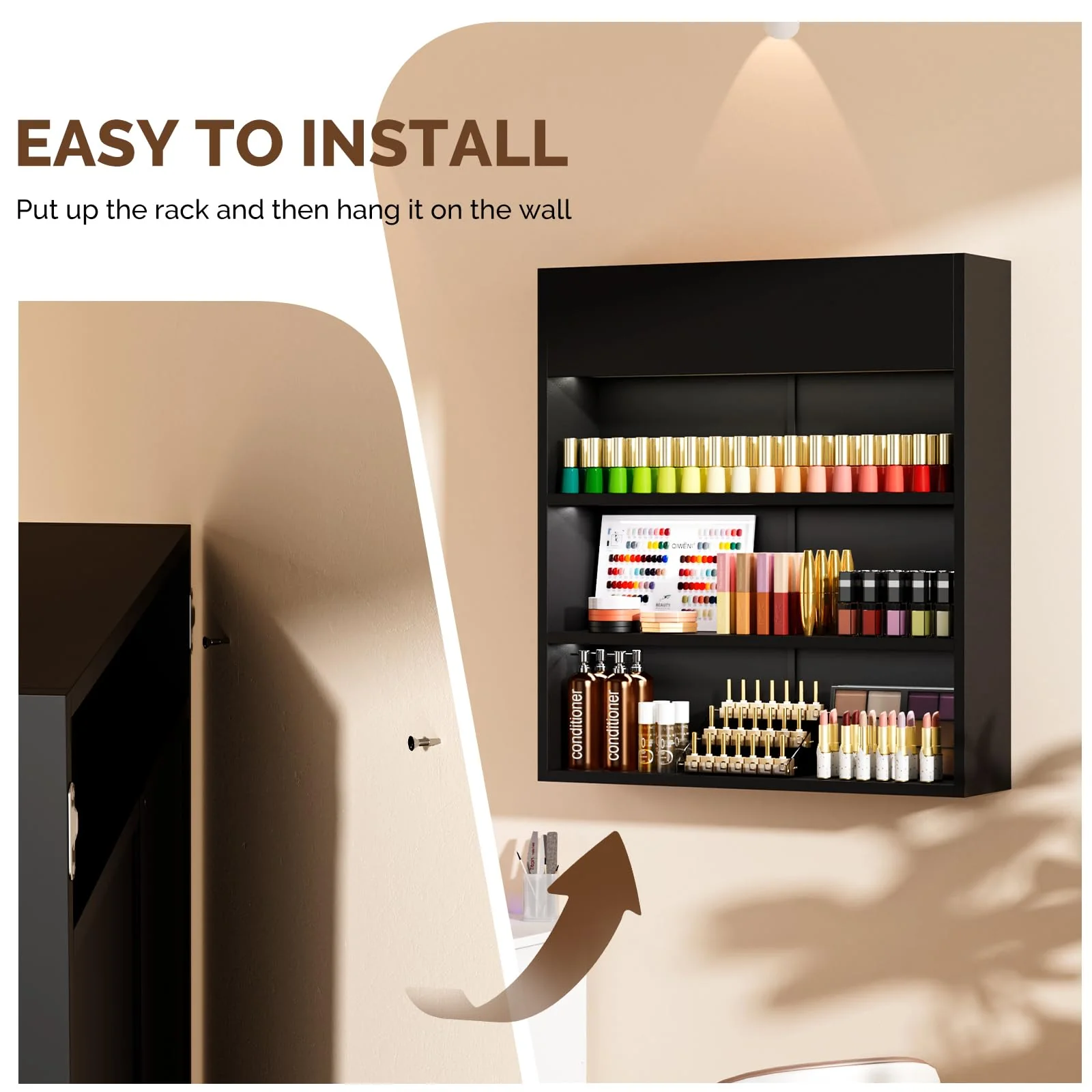 OmySalon 3-Tier Wall Mount LED Wooden Nail Polish Organizer Shelf with USB Touch Control - Image 27