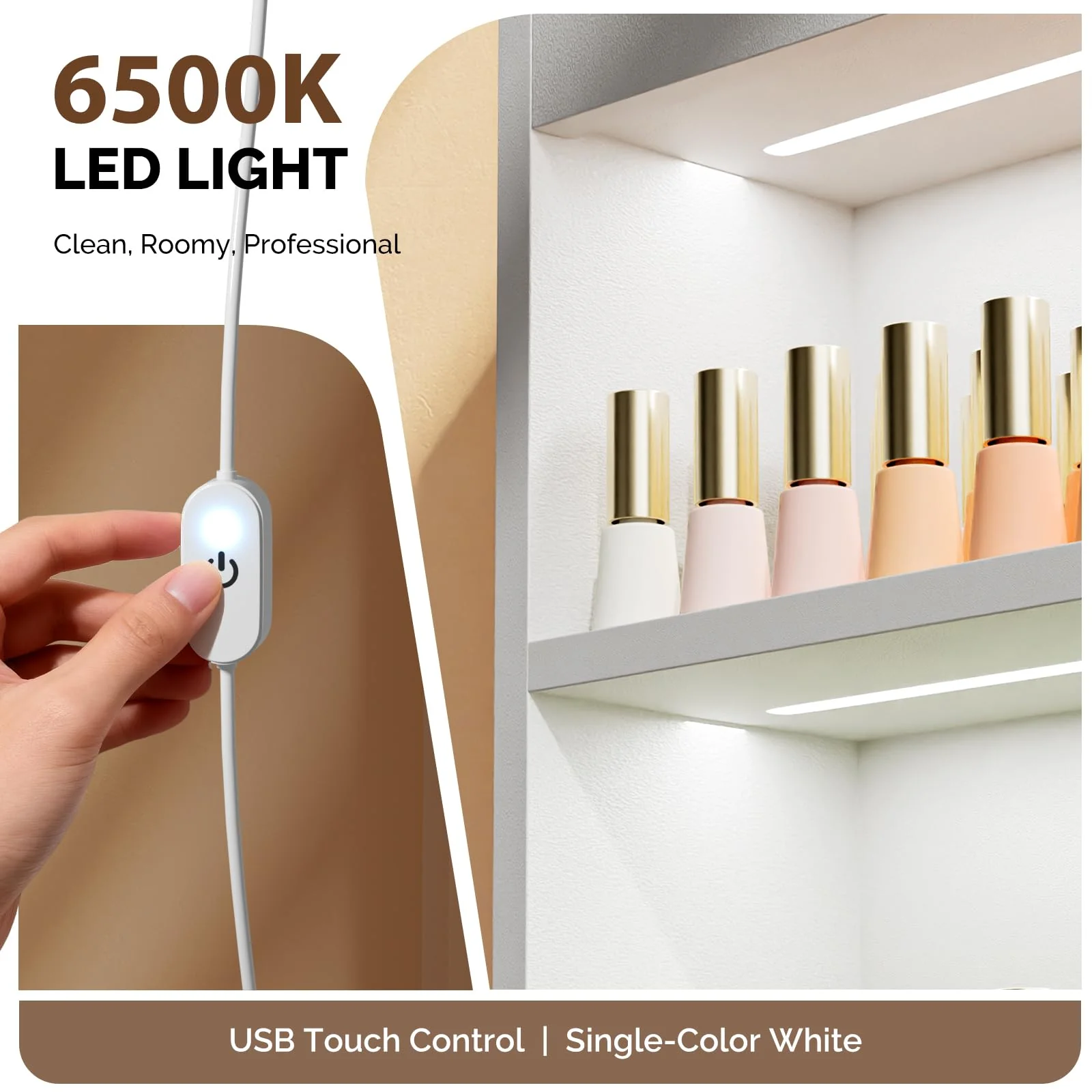 OmySalon 3-Tier Wall Mount LED Wooden Nail Polish Organizer Shelf with USB Touch Control - Image 4