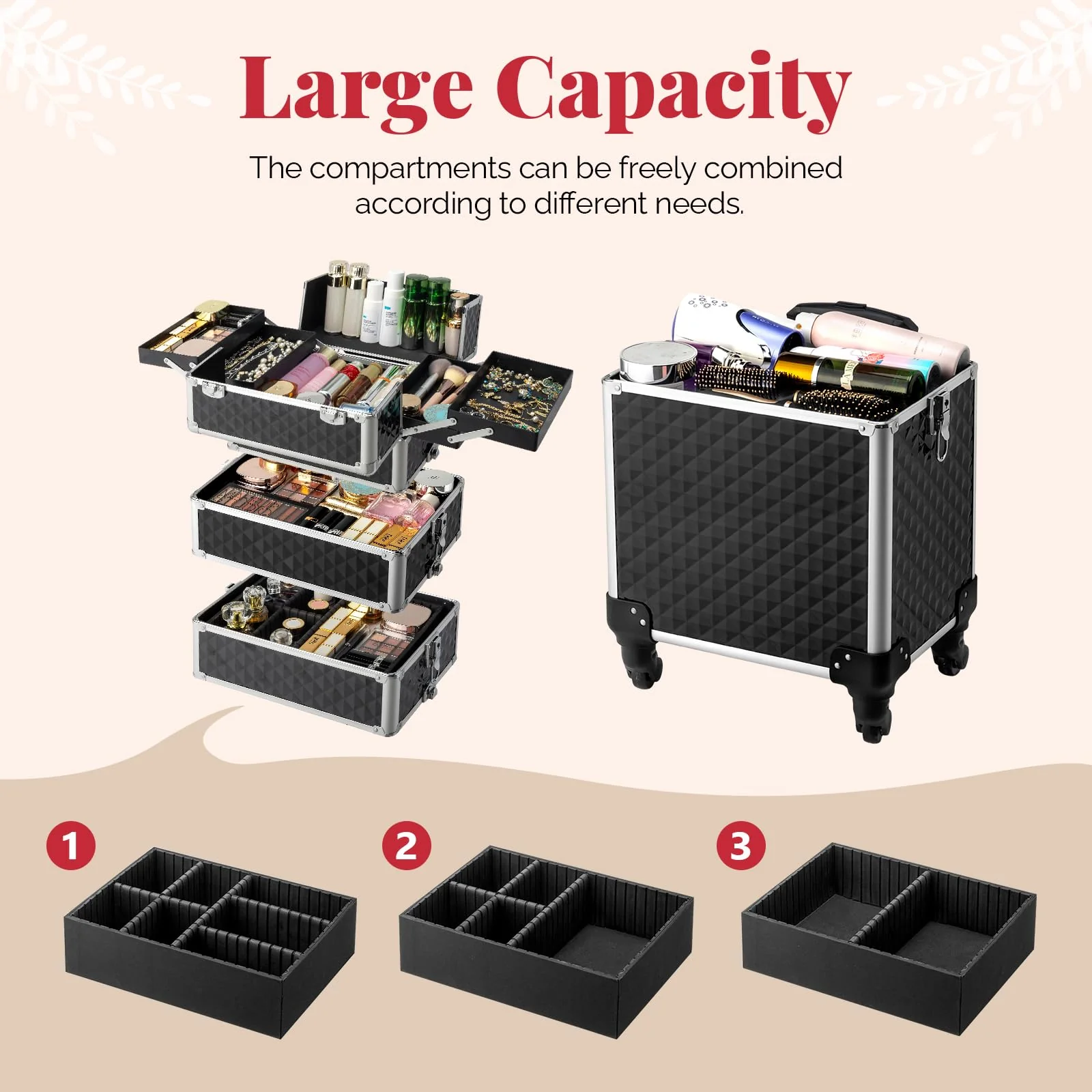OmySalon 4-in-1 Aluminum Lockable Rolling Makeup Train Case - Image 11