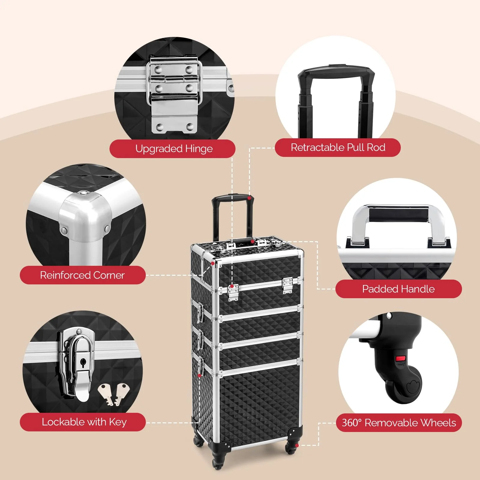 OmySalon 4-in-1 Aluminum Lockable Rolling Makeup Train Case - Image 13