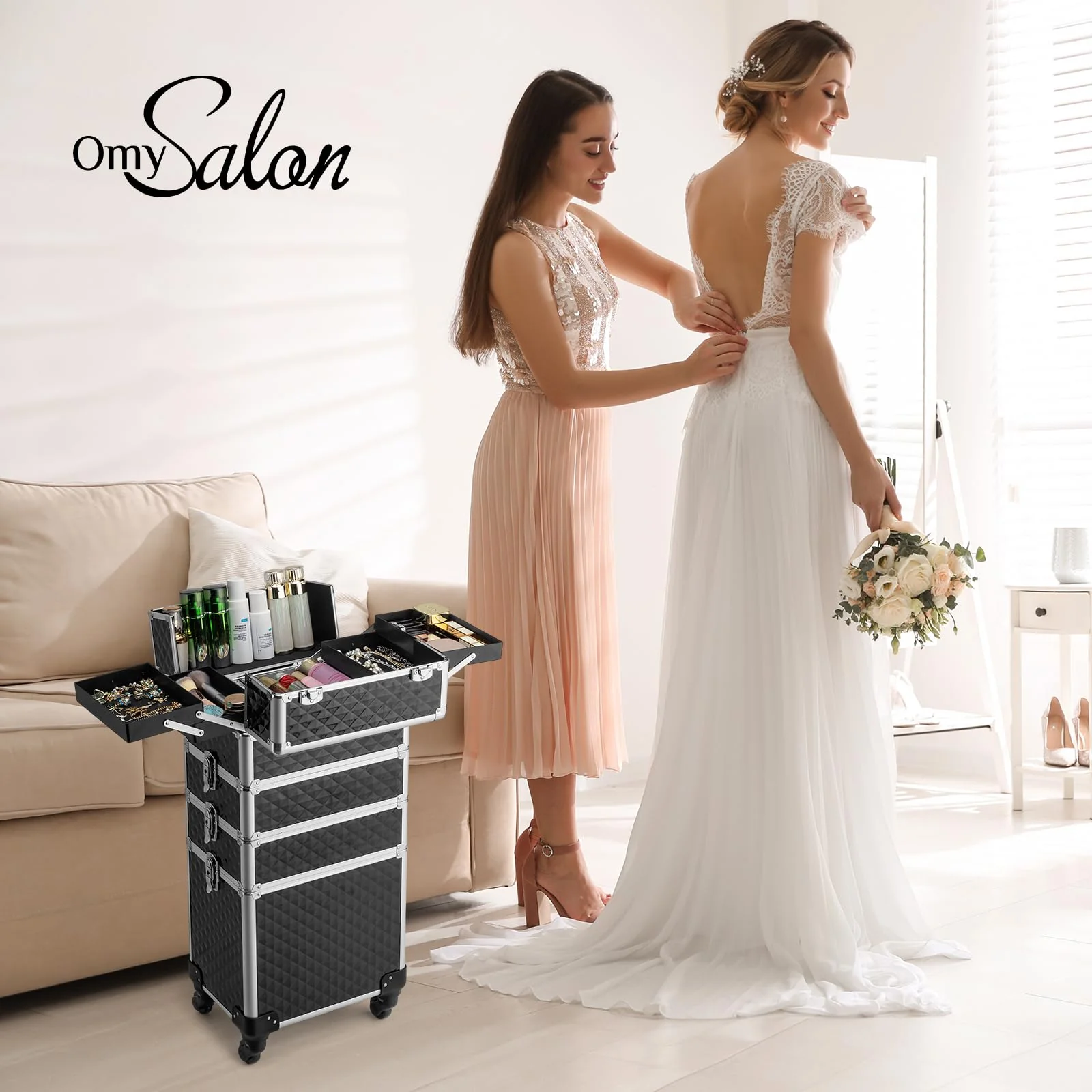 OmySalon 4-in-1 Aluminum Lockable Rolling Makeup Train Case - Image 17