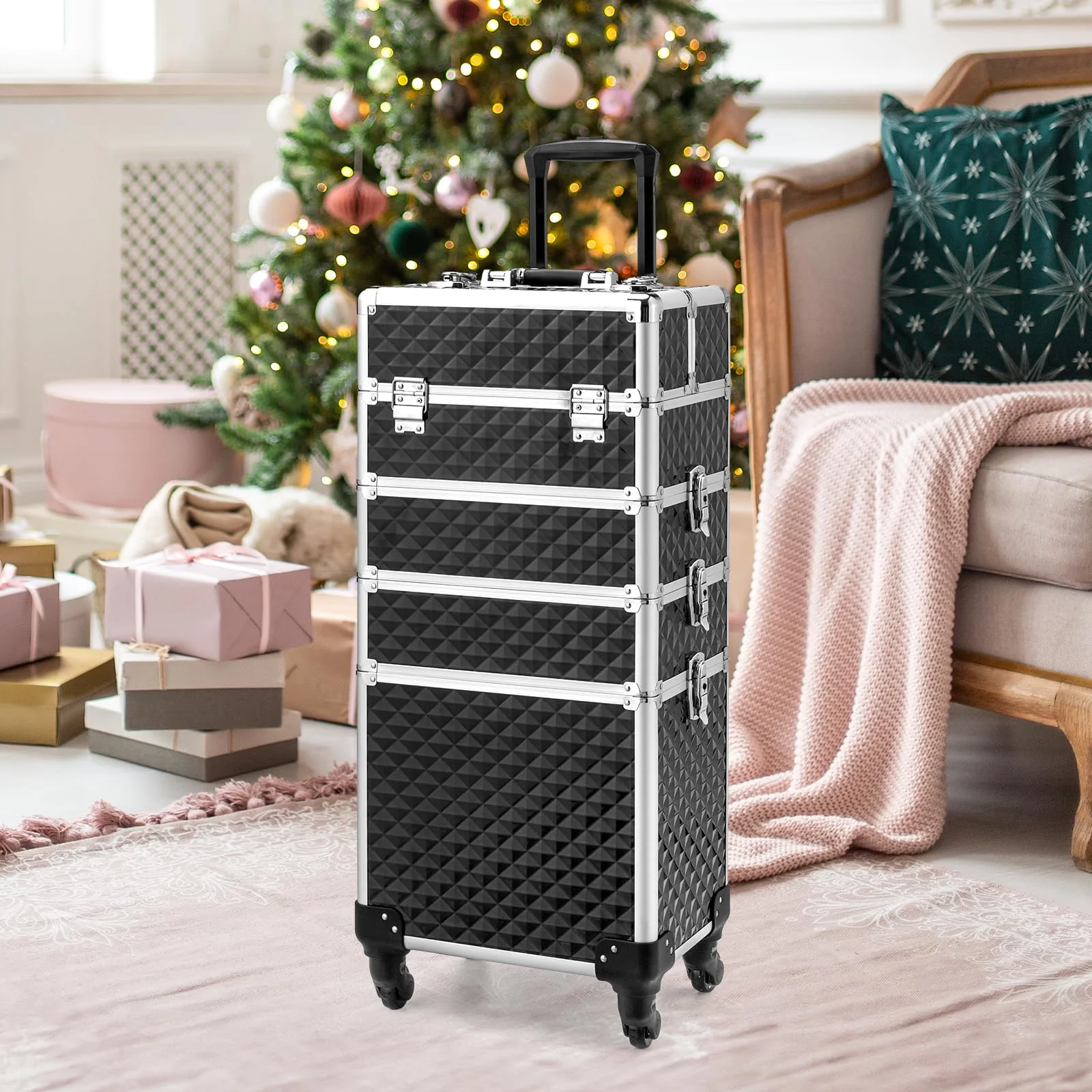 OmySalon 4-in-1 Aluminum Lockable Rolling Makeup Train Case - Image 18