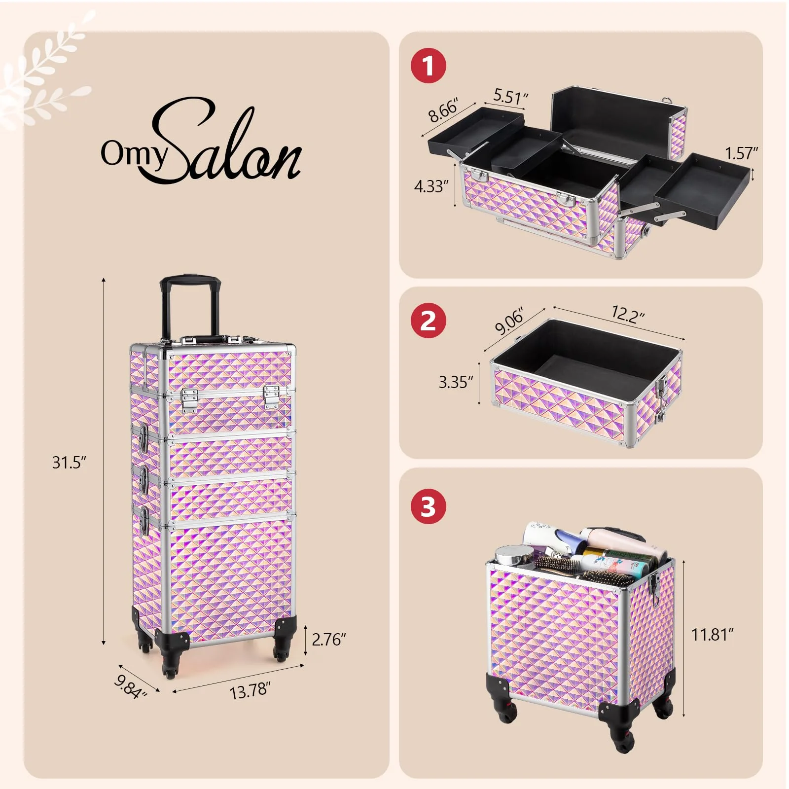 OmySalon 4-in-1 Aluminum Lockable Rolling Makeup Train Case - Image 3