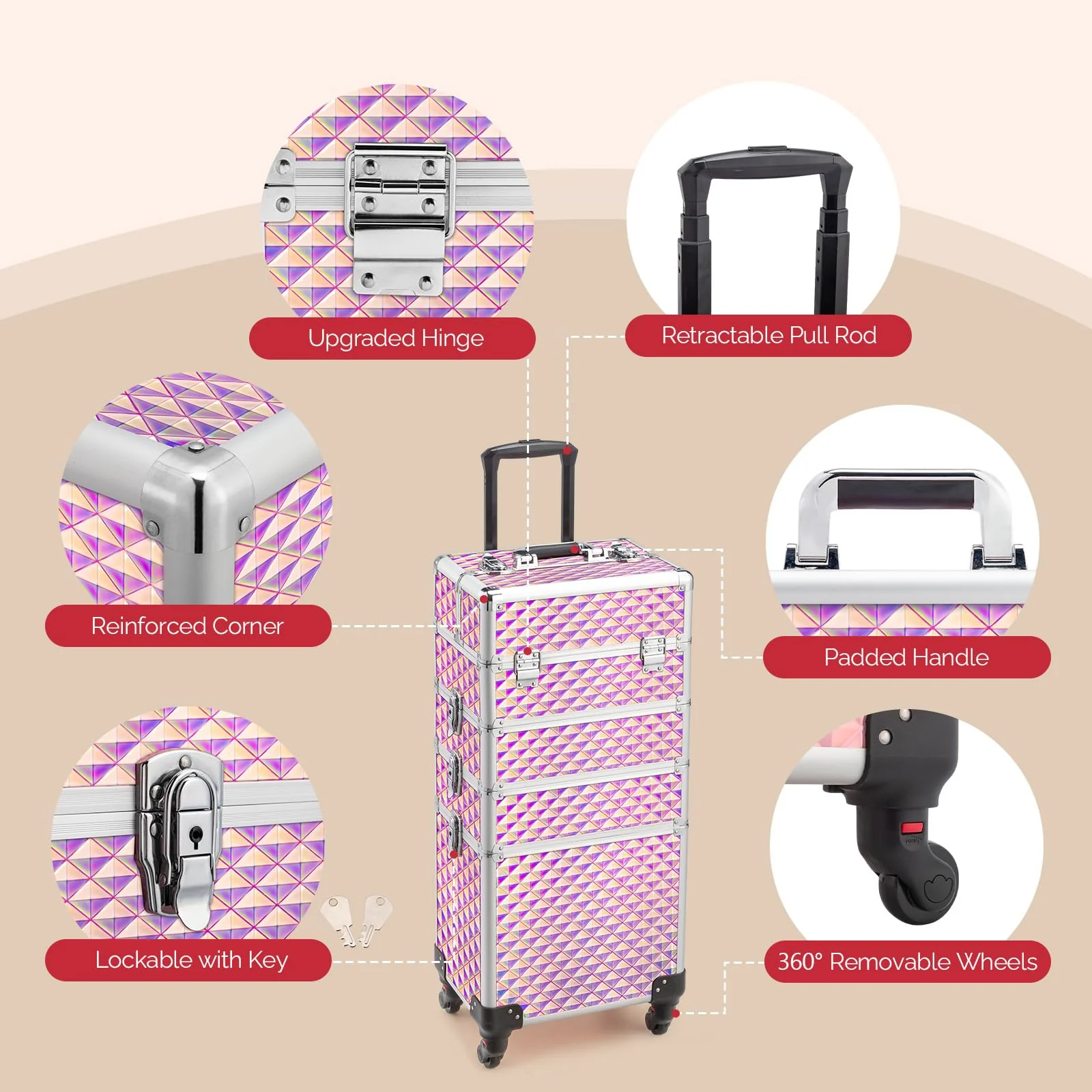 OmySalon 4-in-1 Aluminum Lockable Rolling Makeup Train Case - Image 4
