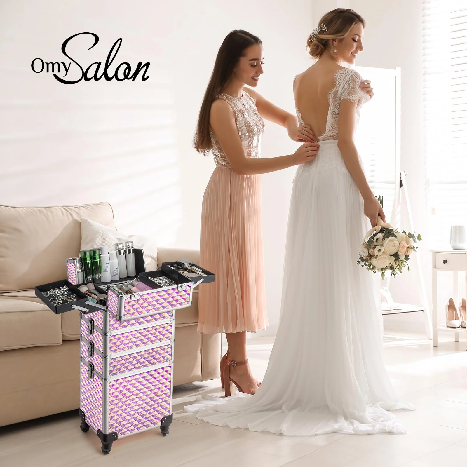 OmySalon 4-in-1 Aluminum Lockable Rolling Makeup Train Case - Image 8