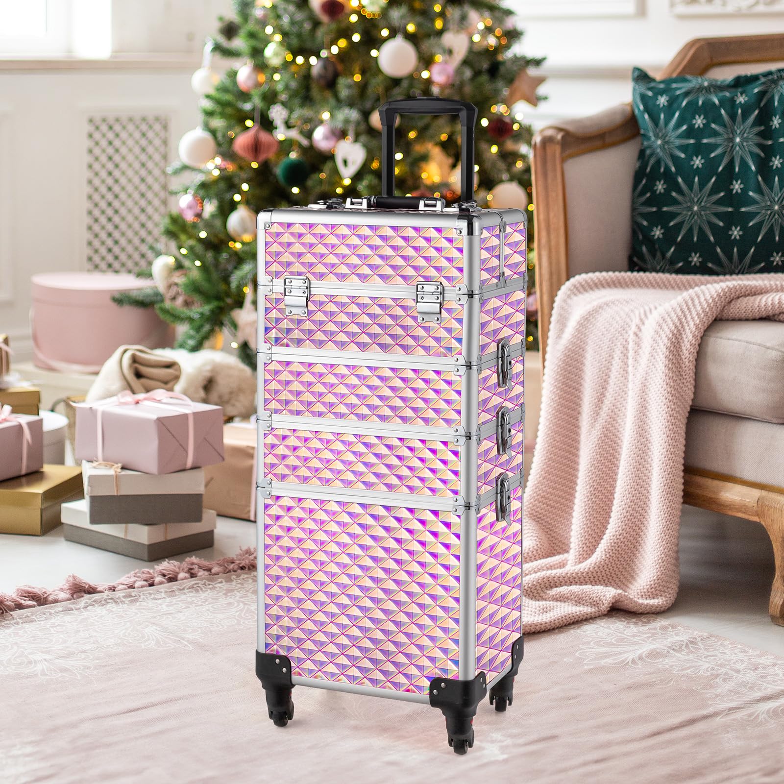 OmySalon 4-in-1 Aluminum Lockable Rolling Makeup Train Case - Image 9