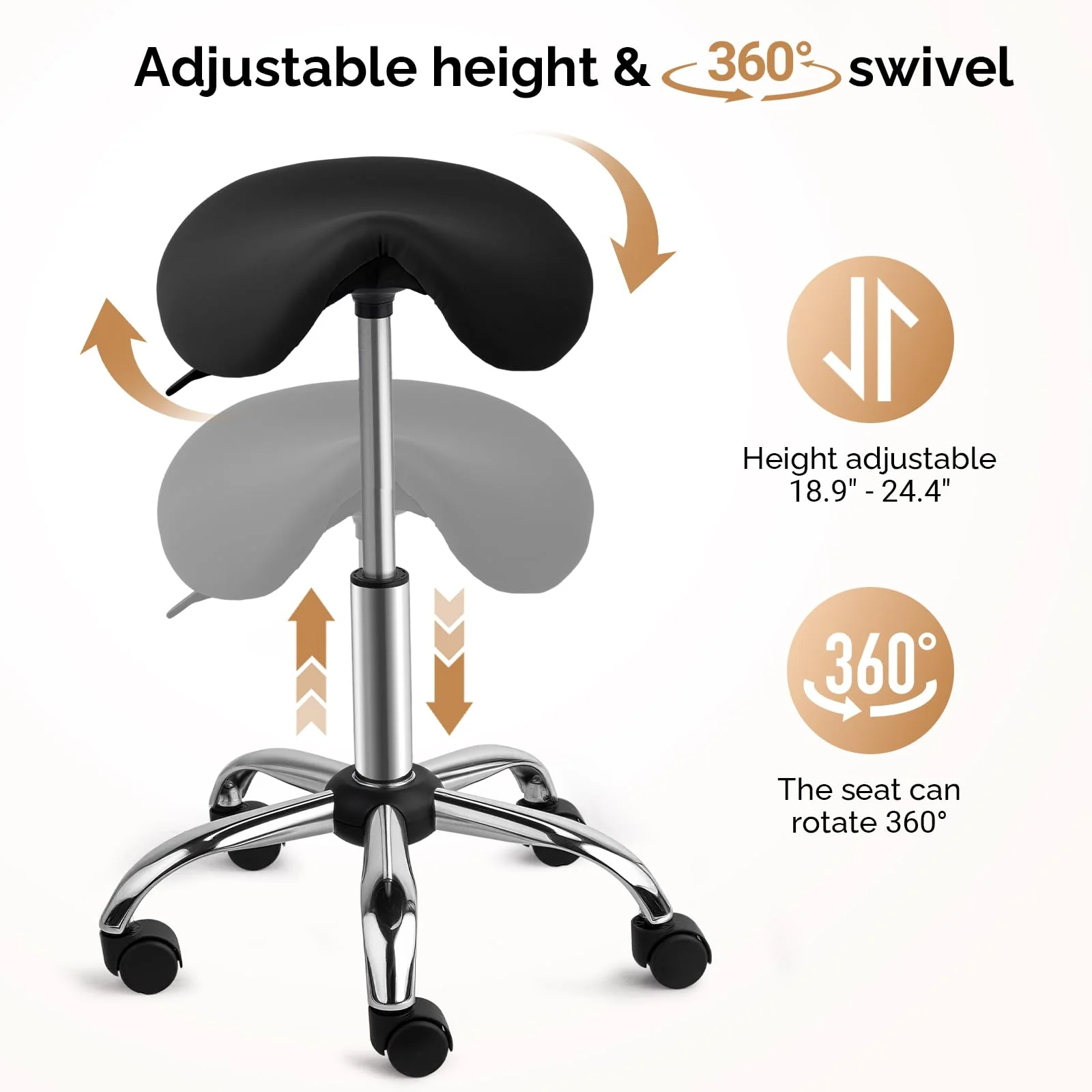 OmySalon Hydraulic Adjustable Rolling Saddle Stool with Swivel Wheels - Image 3
