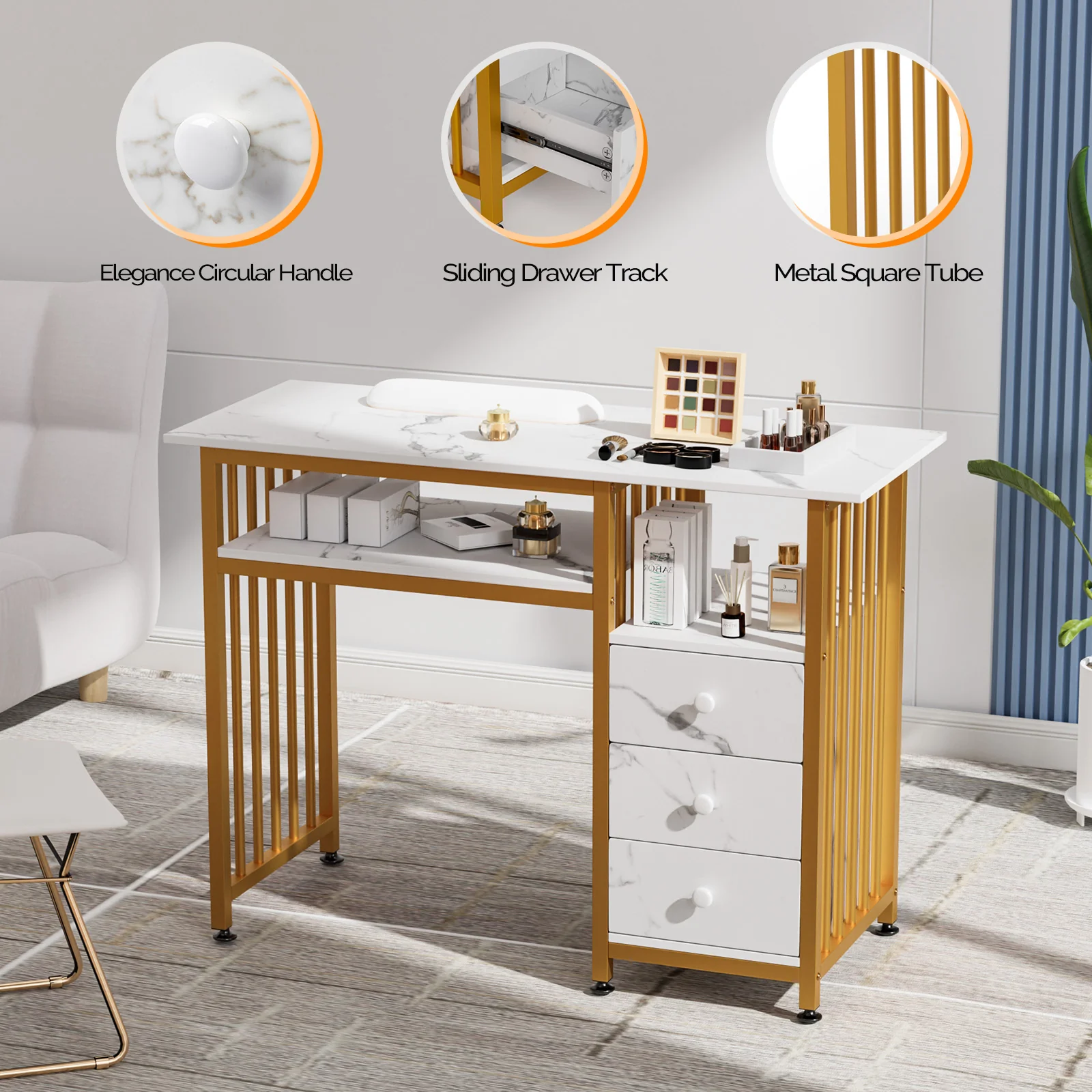 OmySalon MTD Marbling Texture Nail Manicure Table w/Wrist Rest & 2-Tier Desktop 3 Drawers - Image 3