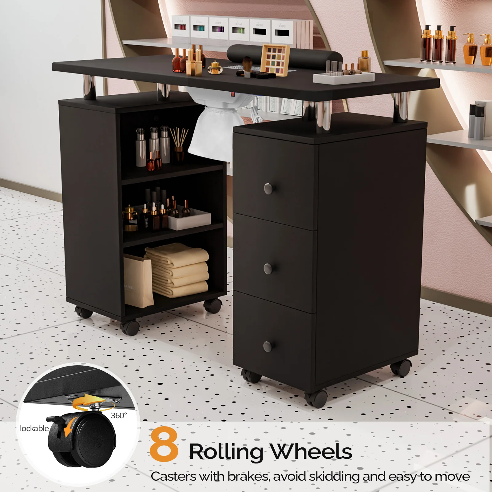 Omysalon 3DMT-DC Nail Manicure Table w/Electric Dust Collector & Wrist Rest & 3 Layers Open Side Cabinets 3 Drawers - Image 16