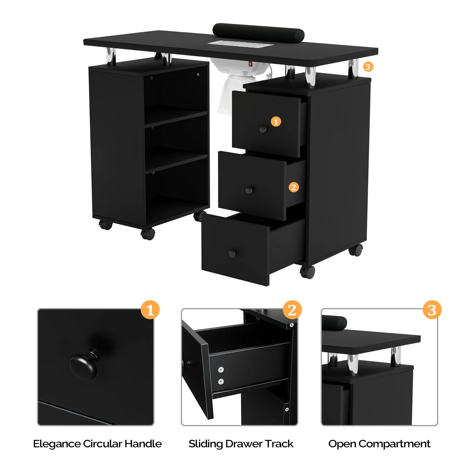 Omysalon 3DMT-DC Nail Manicure Table w/Electric Dust Collector & Wrist Rest & 3 Layers Open Side Cabinets 3 Drawers - Image 17