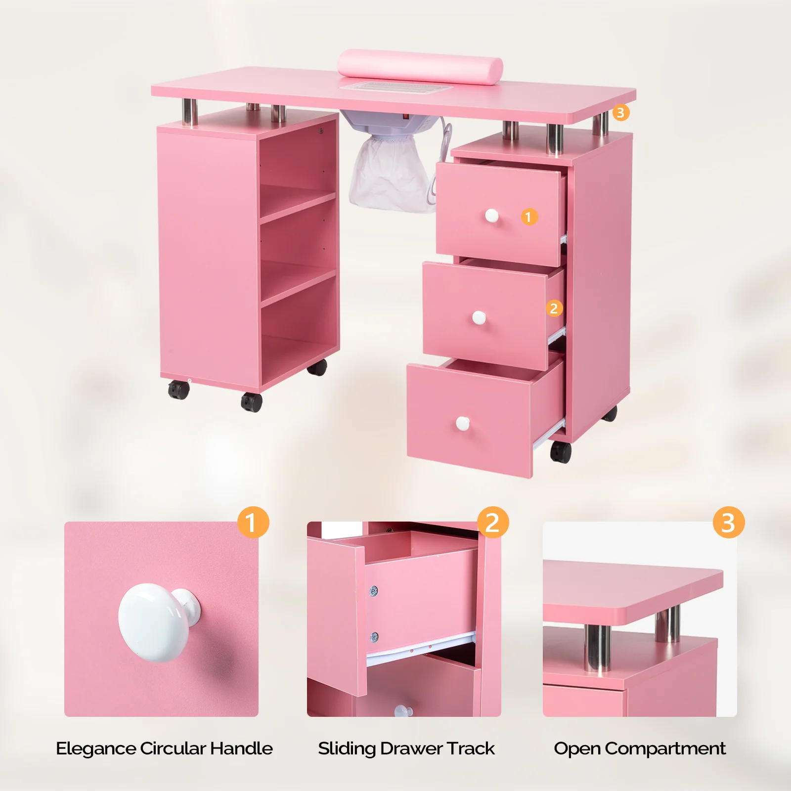 Omysalon 3DMT-DC Nail Manicure Table w/Electric Dust Collector & Wrist Rest & 3 Layers Open Side Cabinets 3 Drawers - Image 25