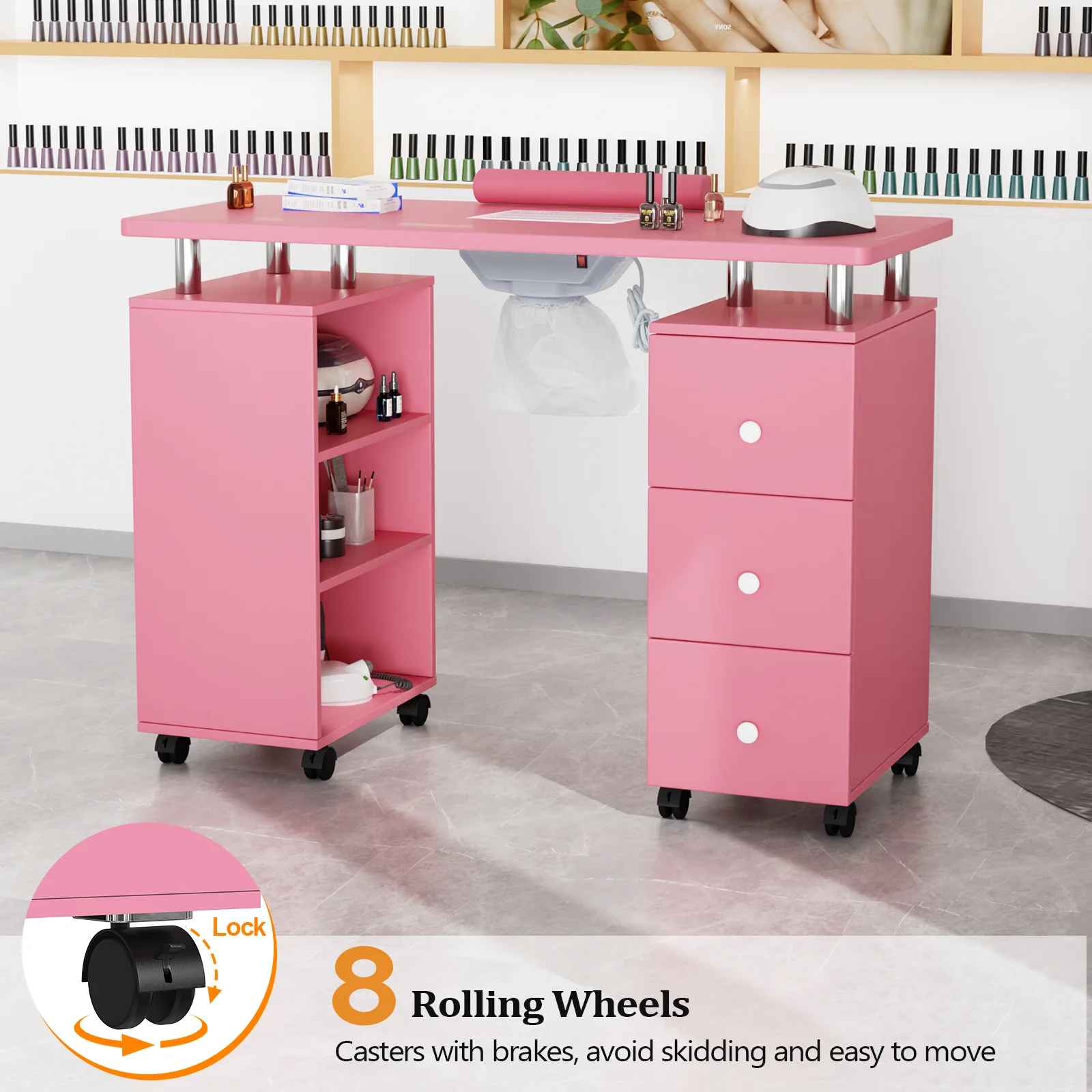 Omysalon 3DMT-DC Nail Manicure Table w/Electric Dust Collector & Wrist Rest & 3 Layers Open Side Cabinets 3 Drawers - Image 26