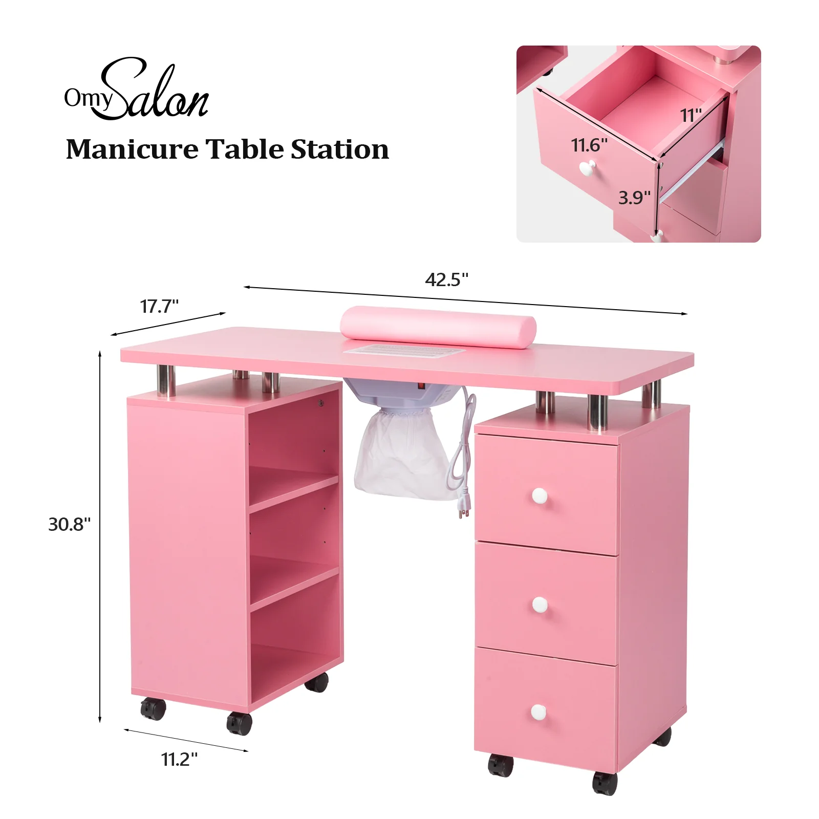 Omysalon 3DMT-DC Nail Manicure Table w/Electric Dust Collector & Wrist Rest & 3 Layers Open Side Cabinets 3 Drawers - Image 27