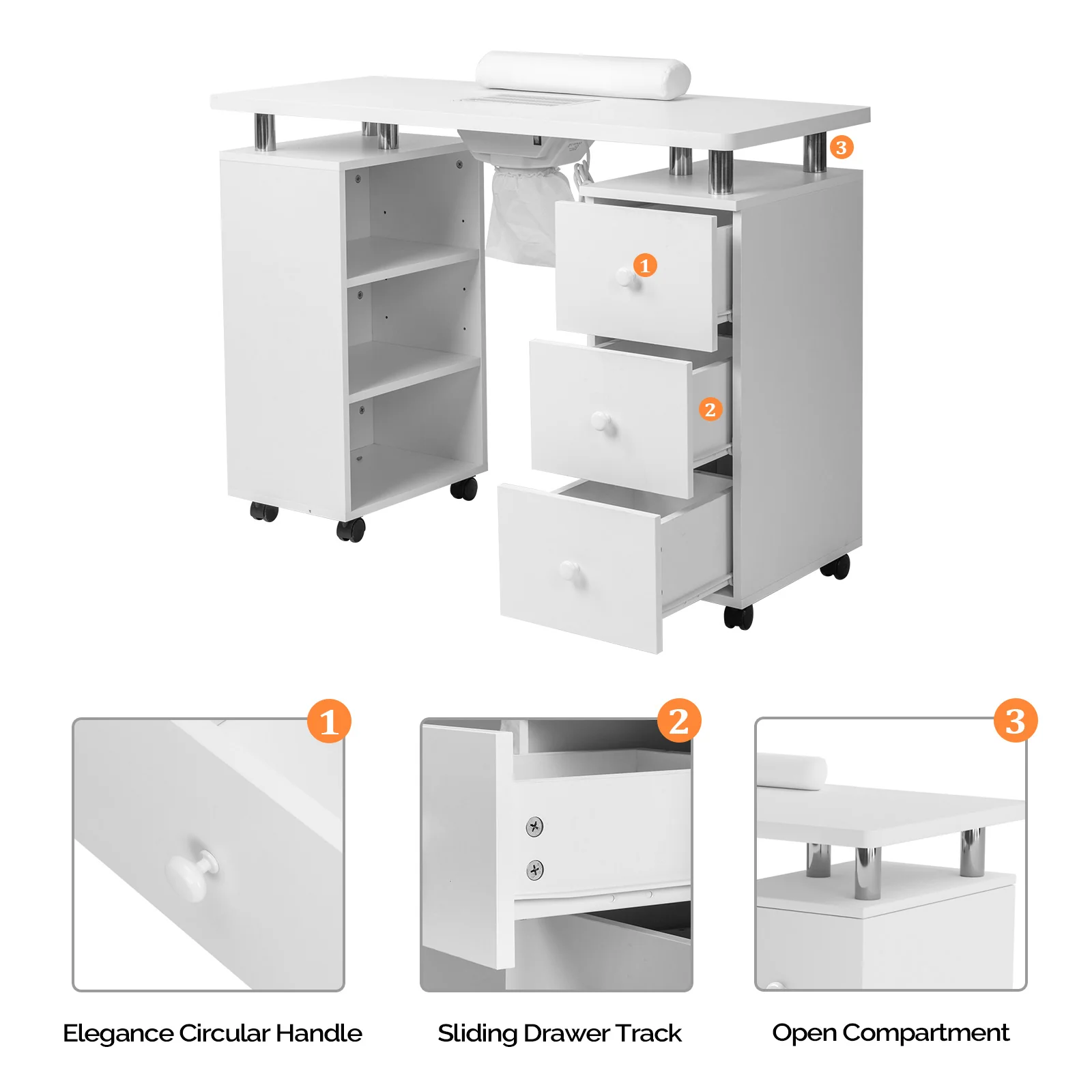 Omysalon 3DMT-DC Nail Manicure Table w/Electric Dust Collector & Wrist Rest & 3 Layers Open Side Cabinets 3 Drawers - Image 8