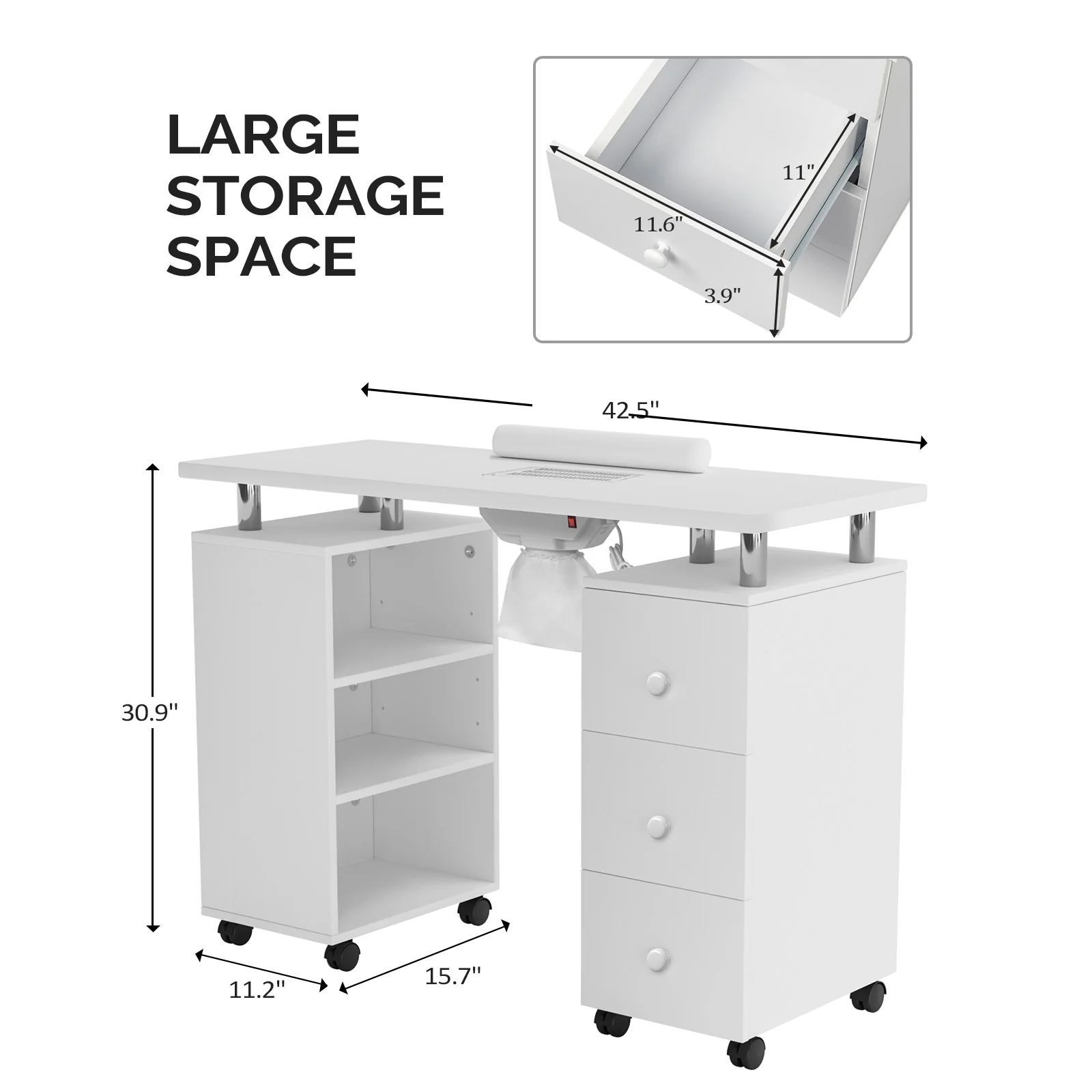 Omysalon 3DMT-DC Nail Manicure Table w/Electric Dust Collector & Wrist Rest & 3 Layers Open Side Cabinets 3 Drawers - Image 9