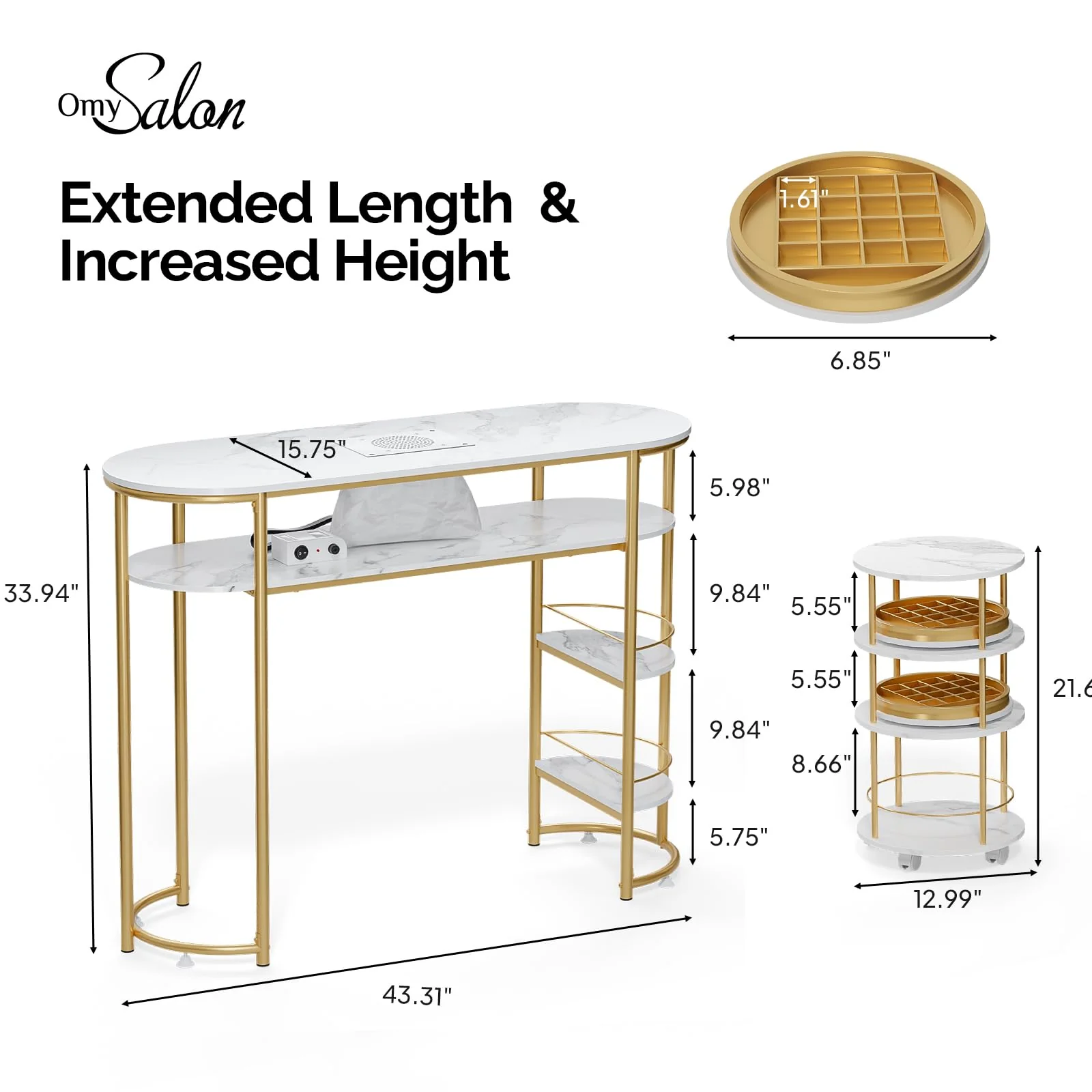 OmySalon MT-WRCT Marbling Manicure Table w/Electric Dust Collector & Rolling Trolley - Image 7